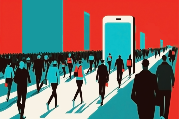 People walking towards a mobile phone