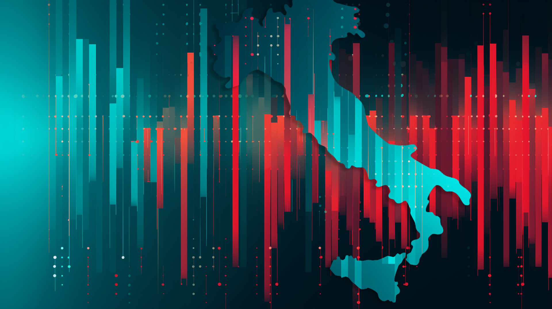 A stylised map of Italy in blue, against a background of red and blue vertical bars.