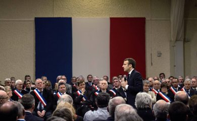 Emmanuel Macron speaks at a gathering of around 600 mayors gathered to relay their constituents' grievances as part of the Grand Debate.