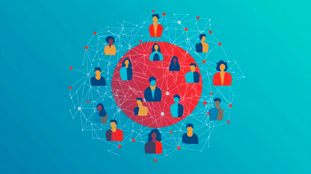 Graphic of people connected with network representing AI in participation.